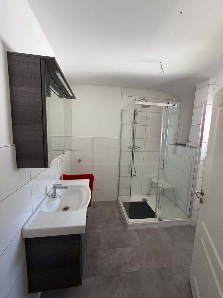 Badezimmer der Wohnung in Hemdingen mit Waschtisch und Dusche.